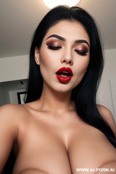 Heavy makeup, big lips, big boobs, redlips, wide open mouth, closed eyes, long eyelashes, spitting - ai-porn.ai on pornintellect.com