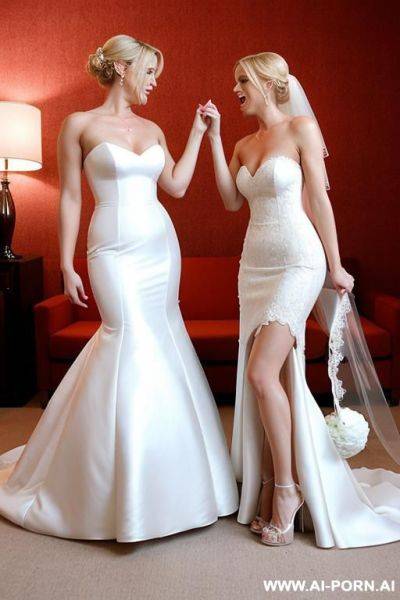 Two blonde lesbian brides in wedding dress and elegant high heels kissing each other and fuck pussy each other - ai-porn.ai on pornintellect.com