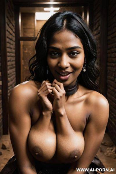 Ultra realistic, beautiful woman, barbarian, bending over, naked breasts, topless, armor, shoulder armor, leather skirt, messy hair, braided hair, desert, seductive face, black skin, choker - ai-porn.ai on pornintellect.com