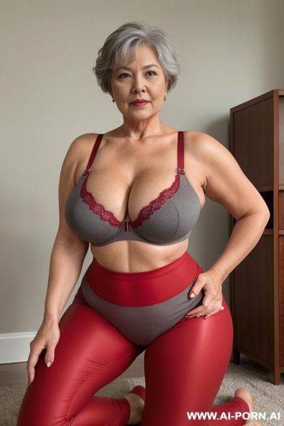 0 year old grandmother, short gray hair, clearly visible age marks, full body, kneeling, legs open, large natural breasts, triangular hips, thick thighs, wearing red leggings and bra - ai-porn.ai on pornintellect.com