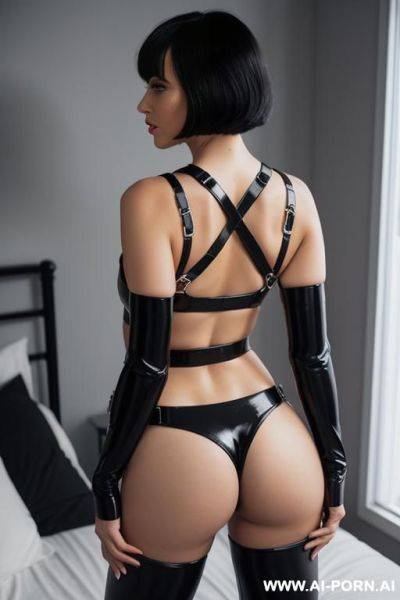 Girl in handcuffs, hands behind back in handcuffs, black leggings, black tights, old hair, bob haircut, nice ass, , rear view, gray eyes, hands in metal handcuffs, rear view in handcuffs, in bedroom. - ai-porn.ai on pornintellect.com