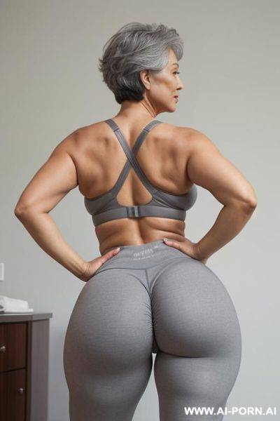 Rear view, 0-year-old grandmother, short gray hair, full body, standing, age marks clearly visible, big ass, big breasts, triangle hips, thick thighs, wearing gray leggings and bra, hands on waist - ai-porn.ai on pornintellect.com