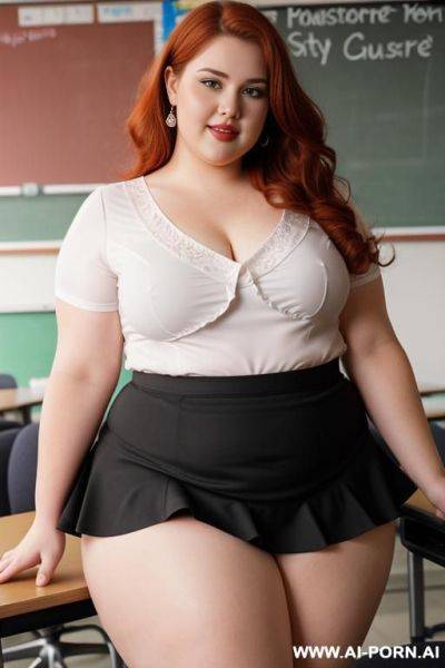 Close up full body photo shot, about at classroom, chubby fat bbw curvy teacher, wearing a sexy and hot micro red ruffle skirt and elegant top, teaching to the classroom. - ai-porn.ai on pornintellect.com