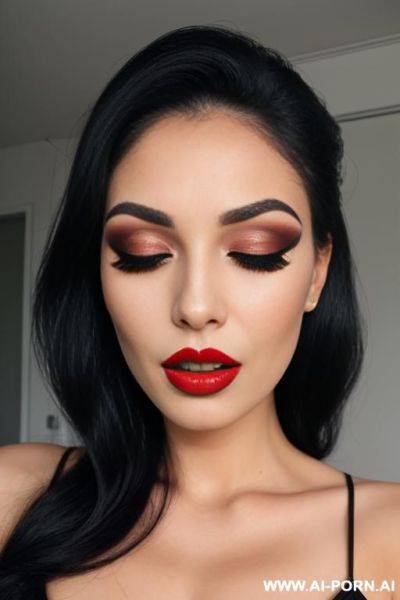 Heavy makeup, redlips, wide open mouth, closed eyes, long eyelashes - ai-porn.ai on pornintellect.com