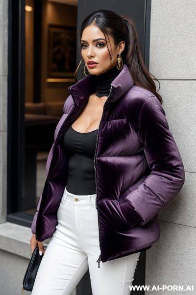 Woman in thick velvet puffer jacket - ai-porn.ai on pornintellect.com