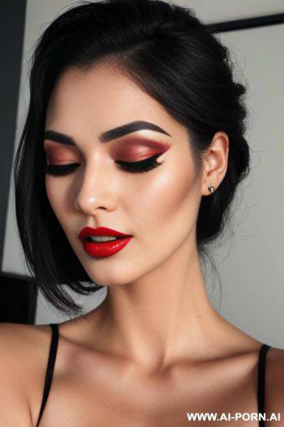 Heavy makeup, redlips, open mouth, closed eyes, long eyelashes - ai-porn.ai on pornintellect.com