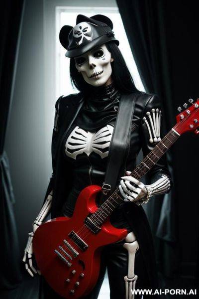 The image features a perman dressed in a skeleton costume, holding a guitar. the setting is a dark room with a black and white color scheme. - ai-porn.ai on pornintellect.com