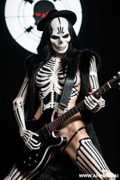 The image features a perman dressed in a skeleton nude very hairy pussy costume, holding a guitar. the setting is a dark room with a black and white color scheme. - ai-porn.ai on pornintellect.com