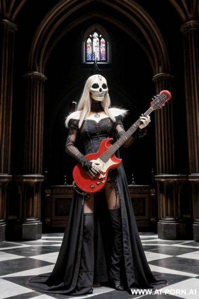 The image features a perman dressed in a skeleton nude very hairy pussy costume, holding a guitar. the setting is a dark room with a black and white color scheme. - ai-porn.ai on pornintellect.com