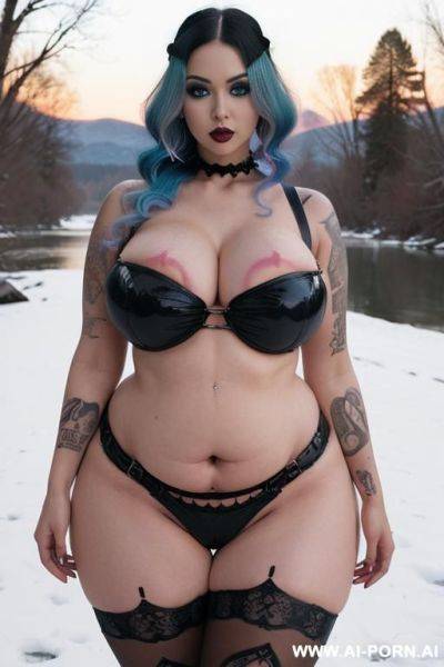 Beautiful gothic bbw, pretty bbw face, big round ass, (((extremely big hips))), massive tits, gigantic areolas, (((lots of cum on body))), stockings, ((nude)), flashing tits, gothic accessories, - ai-porn.ai on pornintellect.com