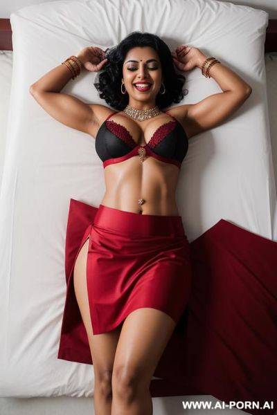 Indian woman, 30 years, black hair, short curly hair, fit, muscles, natural boobs, red bra, red skirt, navel piercing, laying on bed, hands raised, orgasm, smile, open mouth, eyes closed, view from above, full body shot, crystal anklet, heels - ai-porn.ai - India on pornintellect.com