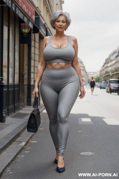 0-year-old grandmother, short gray hair, full body, standing, visible age marks, large breasts, triangle hips, thick thighs, wearing gray leggings and a short tank top, walking through the streets of paris, france - ai-porn.ai - France on pornintellect.com