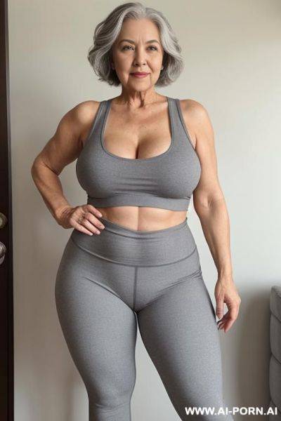 0 year old grandmother, full body, standing, short gray hair, very visible age marks, large natural breasts, triangle hips, thick thighs, wearing gray leggings and a short tank top, hands on her waist - ai-porn.ai on pornintellect.com