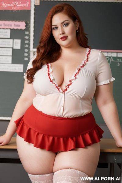 Close up full body photo shot, about at classroom, chubby fat bbw curvy teacher, wearing a sexy and hot micro red ruffle skirt and elegant top, teaching to the classroom. - ai-porn.ai on pornintellect.com