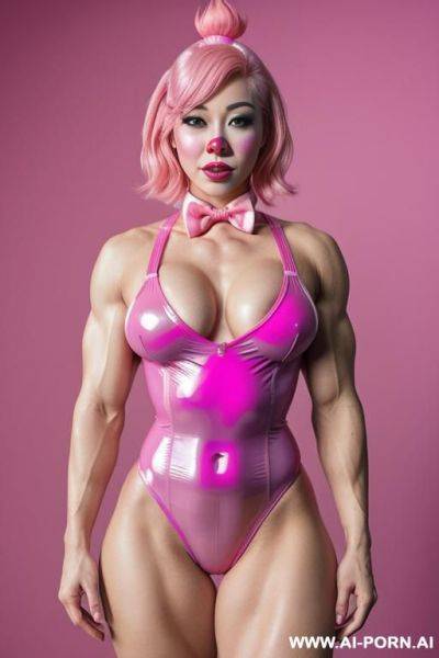 Pink latex bodysuit, pink skin, pink hair, muscular body, female bodybuilder, play bunny, pink bowtie, pink clown nose, pink clown makeup, sexy beautifull clown woman, pink hair, 1, asian, sexy, pink background - ai-porn.ai on pornintellect.com