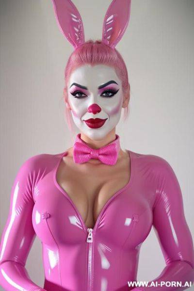 More muscular, pink latex suit, pink makeup, seductive sexy beautifull clown woman, pink clown nose, pink clown makeup, - ai-porn.ai on pornintellect.com