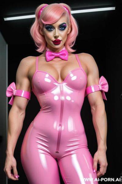 More muscular, fluo pink latex bodysuit, pink bowtie, play bunny, sexy seductive beautifull clown woman - ai-porn.ai on pornintellect.com