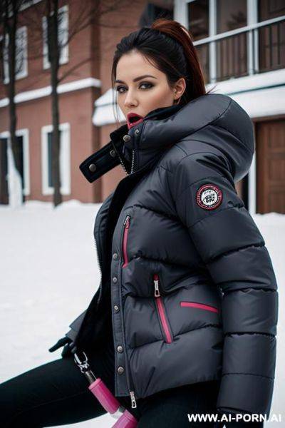 Riding on dildo wearing very thick puffer jacket, orgasm - ai-porn.ai on pornintellect.com