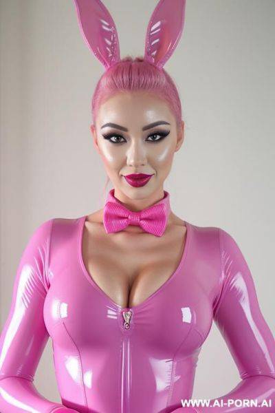 More muscular, fluo pink latex bodysuit, pink bowtie, play bunny, sexy seductive beautifull clown woman, pink makeup, pink clown nose, asian - ai-porn.ai on pornintellect.com