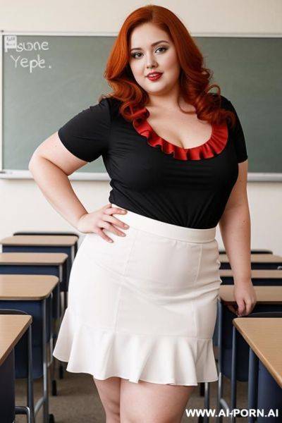 Full body photo shot, about at classroom, chubby fat bbw curvy teacher, wearing a sexy and hot micro red ruffle skirt and elegant micro summer top, speaking to the classroom. - ai-porn.ai on pornintellect.com