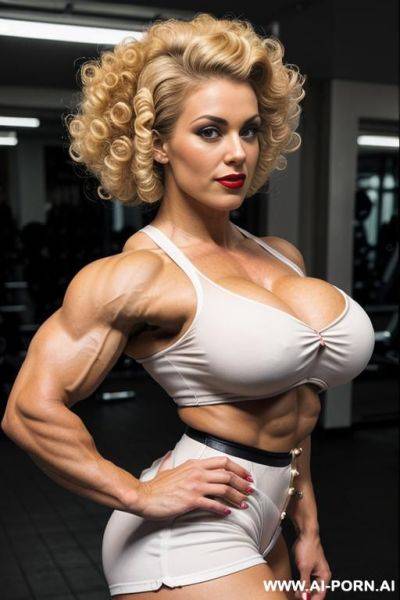 Giant muscular woman, gigantic biceps, huge breasts, ((huge muscles)), massive abs, huge arms muscles, massively muscular, muscular as fuck, - ai-porn.ai on pornintellect.com