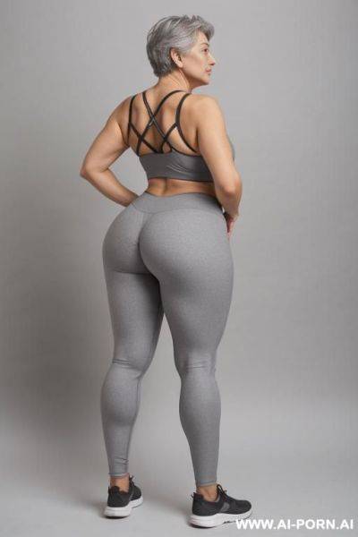 Back view, 0 year old grandmother, full body, standing, short gray hair, very visible age marks, large natural breasts, triangle hips, thick thighs, wearing gray leggings and a short tank top, hands on her waist - ai-porn.ai on pornintellect.com