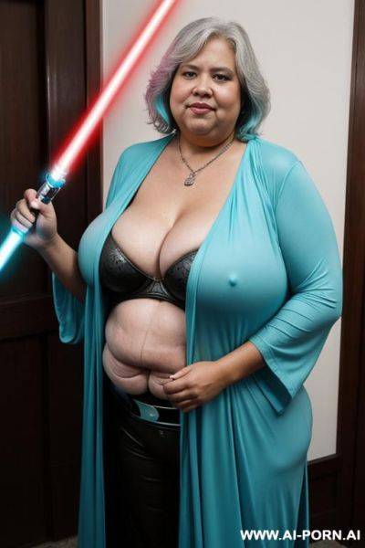 Jedi, holding a turquoise lightsaber - ai-porn.ai on pornintellect.com