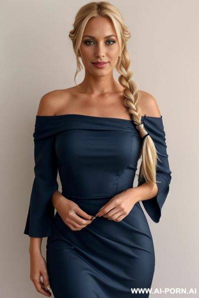 Beautiful 1 woman with blonde hair in a braid over her shoulder wearing a dark blue dress slipping the sleeve off her shoulder - ai-porn.ai on pornintellect.com