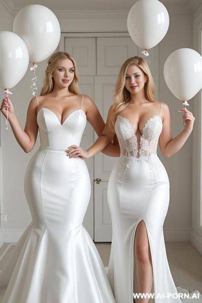 Blonde sexy woman, beautiful face, huge chest, wide hips, hourglass figure, no body fat, wedding dress, white balloons, white room - ai-porn.ai on pornintellect.com