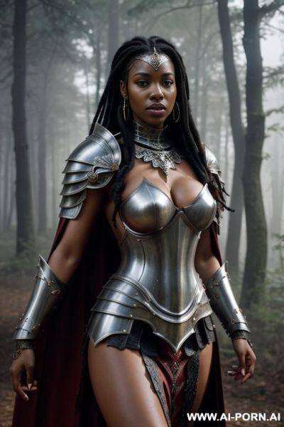 Ultra realistic, beautiful woman, knight, hand behind head, naked breasts, no bra, topless, ornate armor, shoulder armor, skirt armor, dreadlocks hair, forest, foggy, seductive face, black skin, horny, orgasm, cape, sword, shield - ai-porn.ai on pornintellect.com