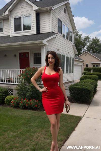 Suburban mom, outside her home, short red dress, pumps - ai-porn.ai on pornintellect.com