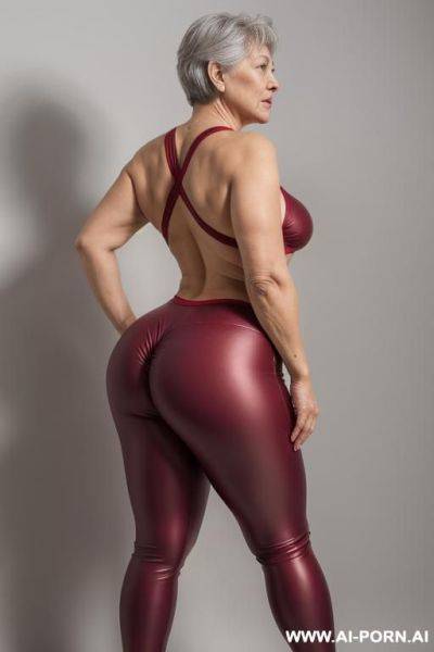 Back view, 0 year old grandmother, full body, standing, short gray hair, very visible age marks, large natural breasts, triangle hips, thick thighs, wearing cherry red leggings, topless, hands on her waist - ai-porn.ai on pornintellect.com