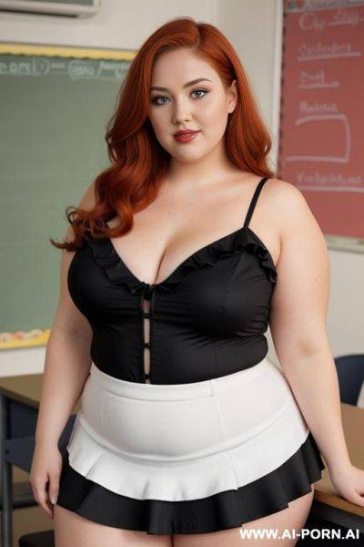 Full body photo shot, about at classroom, chubby fat bbw curvy teacher, wearing a sexy and hot micro red ruffle skirt and elegant micro summer top, speaking to the classroom. - ai-porn.ai on pornintellect.com