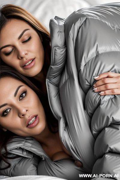 (((two suburb momy lying in bed hugging each other wearing very thick puffer jackets))) - ai-porn.ai on pornintellect.com