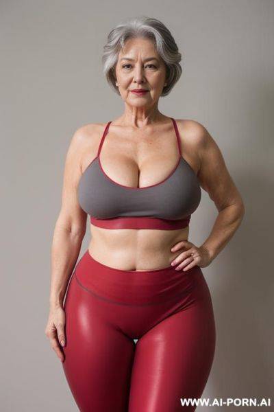 0 year old grandmother, full body, standing, short gray hair, very visible age marks, large natural breasts, triangle hips, thick thighs, wearing cherry red leggings, topless, hands on her waist - ai-porn.ai on pornintellect.com