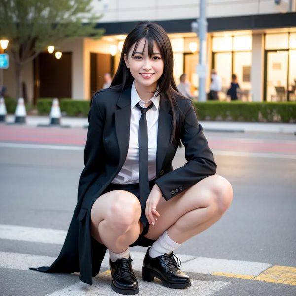 ,woman,twenties,(RAW photo, best quality, masterpiece:1.1), (realistic, photo-realistic:1.2), ultra-detailed, ultra high res, physically-based rendering,long hair,black hair,bangs,black eyes,(grin:1.2),medium ass,tie,high - pornmake.ai on pornintellect.com