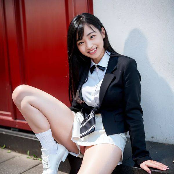 ,woman,twenties,(RAW photo, best quality, masterpiece:1.1), (realistic, photo-realistic:1.2), ultra-detailed, ultra high res, physically-based rendering,long hair,black hair,bangs,black eyes,(grin:1.2),medium ass,tie,high - pornmake.ai on pornintellect.com