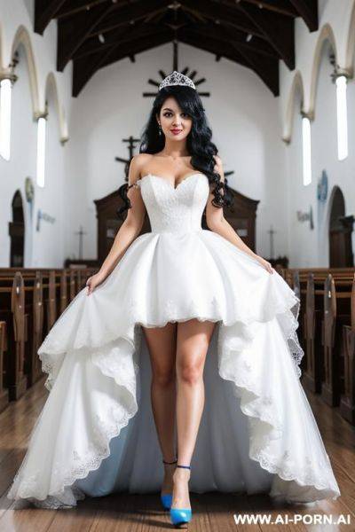 Black hair, curls, princess dress, white dress, wedding dress, white high heels, in the middle of the church, - ai-porn.ai on pornintellect.com