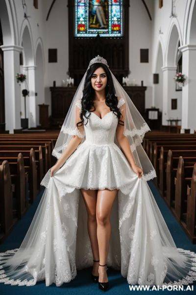 Black hair, curls, princess dress, white dress, wedding dress, you can see panties, white high heels, inside the church, veil, - ai-porn.ai on pornintellect.com