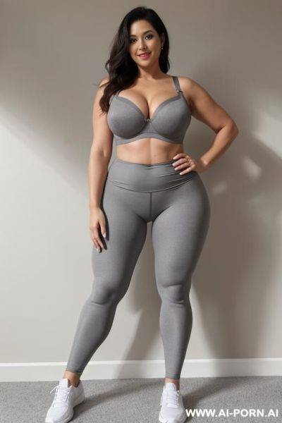 0-year-old grandmother, full body, standing, visible age marks, triangle hips, thick thighs, wearing gray leggings and bra, hands on waist, legs open - ai-porn.ai on pornintellect.com