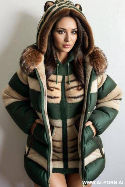 (((brunette wearing a striped pullover and gigantic green puffer coat with brown fur hood))) - ai-porn.ai on pornintellect.com