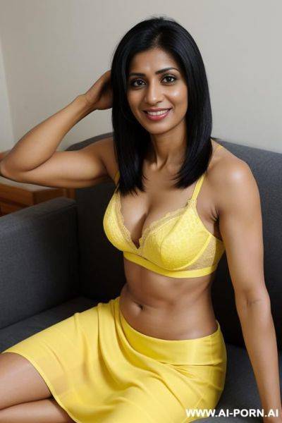 Yellow bra, yellow skirt, looking at camera, side view, smile, muscular arms - ai-porn.ai on pornintellect.com