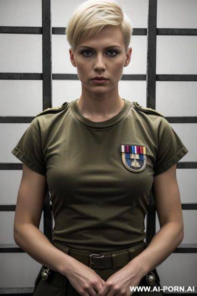 Short haircut military blond no weapon uniform t-shirt serious face full size shot no makeup in jail cage - ai-porn.ai on pornintellect.com