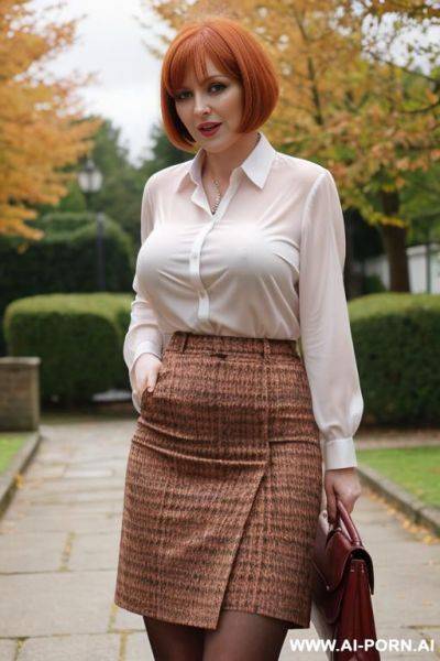 Thick, horny, british milf ginger bobcut standing, park blazer, blouse, skirt, pubic hair, flashing pussy, wet pussy - ai-porn.ai - Britain on pornintellect.com