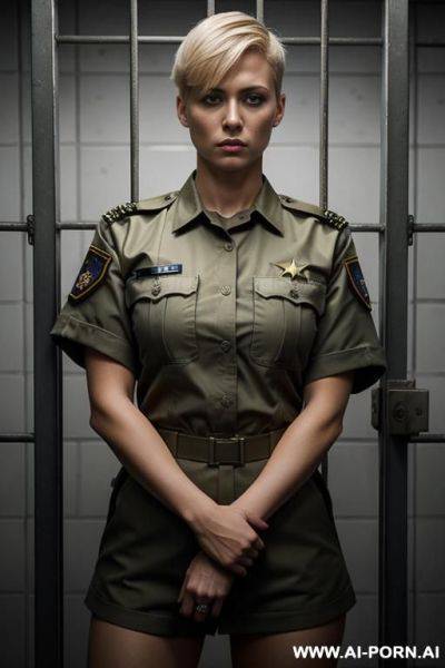 Short haircut military blond no weapon pixel uniform serious face full size shot no makeup in jail cage standing up - ai-porn.ai on pornintellect.com