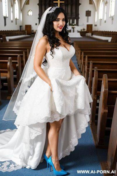 Medium length black hair, curls, white high heels, white dress, wedding dress, you can see her panties, white high heels, inside the church, veil, - ai-porn.ai on pornintellect.com