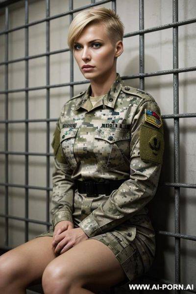 Short haircut military blond no weapon pixel camouflage uniform serious face full size shot no makeup in jail cage sitting - ai-porn.ai on pornintellect.com