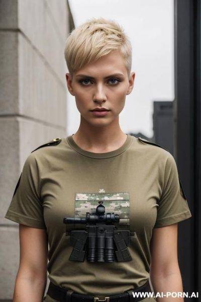 Short haircut military blond no weapon uniform t-shirt serious face - ai-porn.ai on pornintellect.com