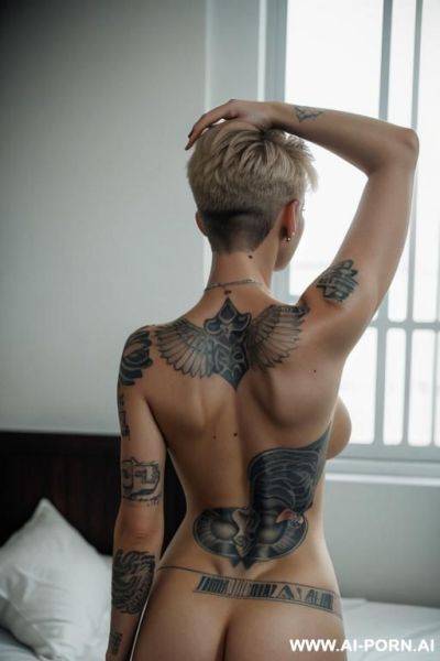 Short haircut military blond no weapon no makeup totally naked tattoo on back on all forth side view on jail bed - ai-porn.ai on pornintellect.com