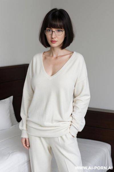 Extremely white skin, natural boobs, average face (strong jaw, glasses), baggy clothes, bedroom, irish woman , woman , showing ass, haircut bangs long, plain face, nerdy - ai-porn.ai - Ireland on pornintellect.com